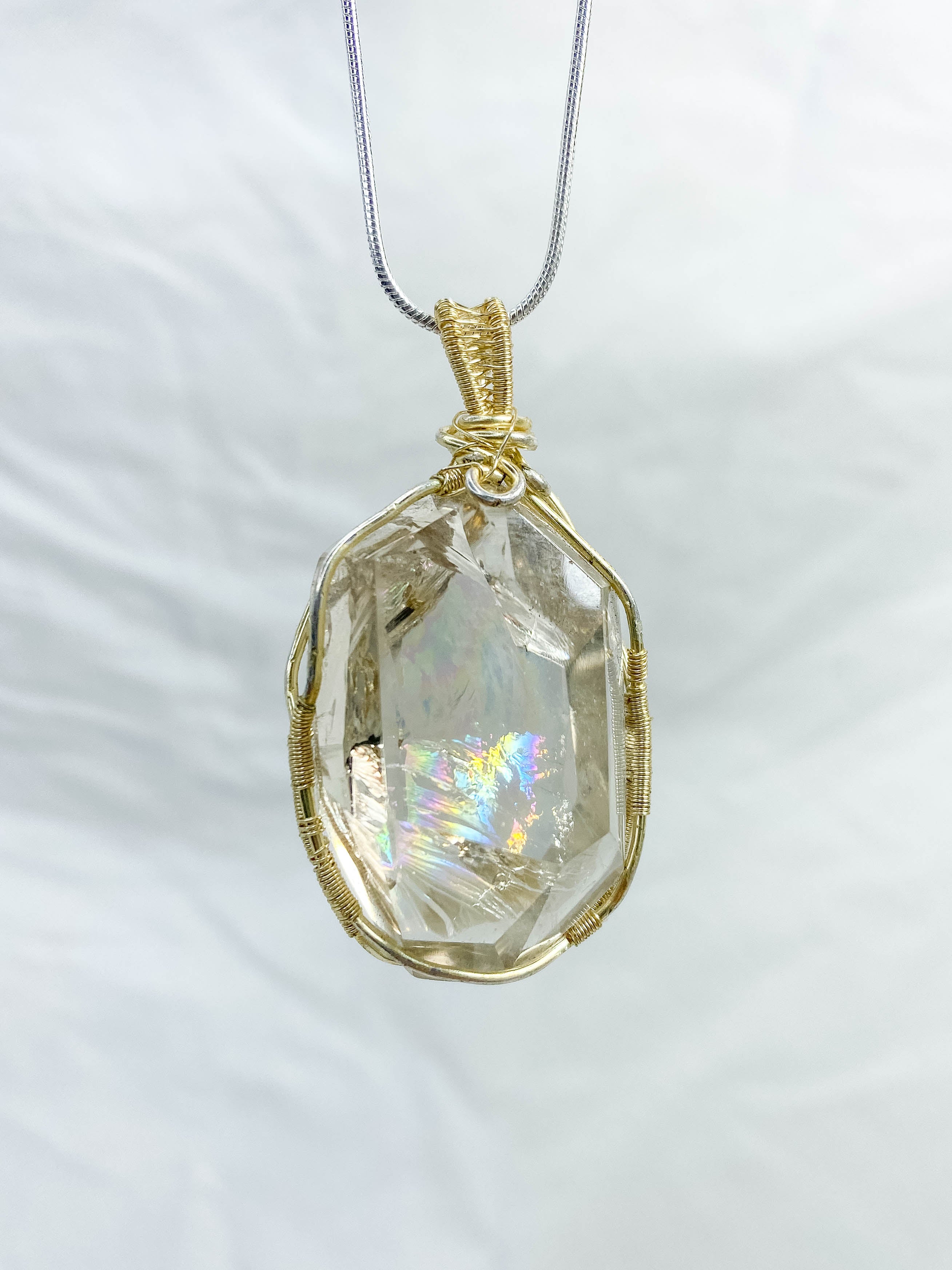 Enchanted Smoky Quartz Gold Wrapped Rainbow Pendant