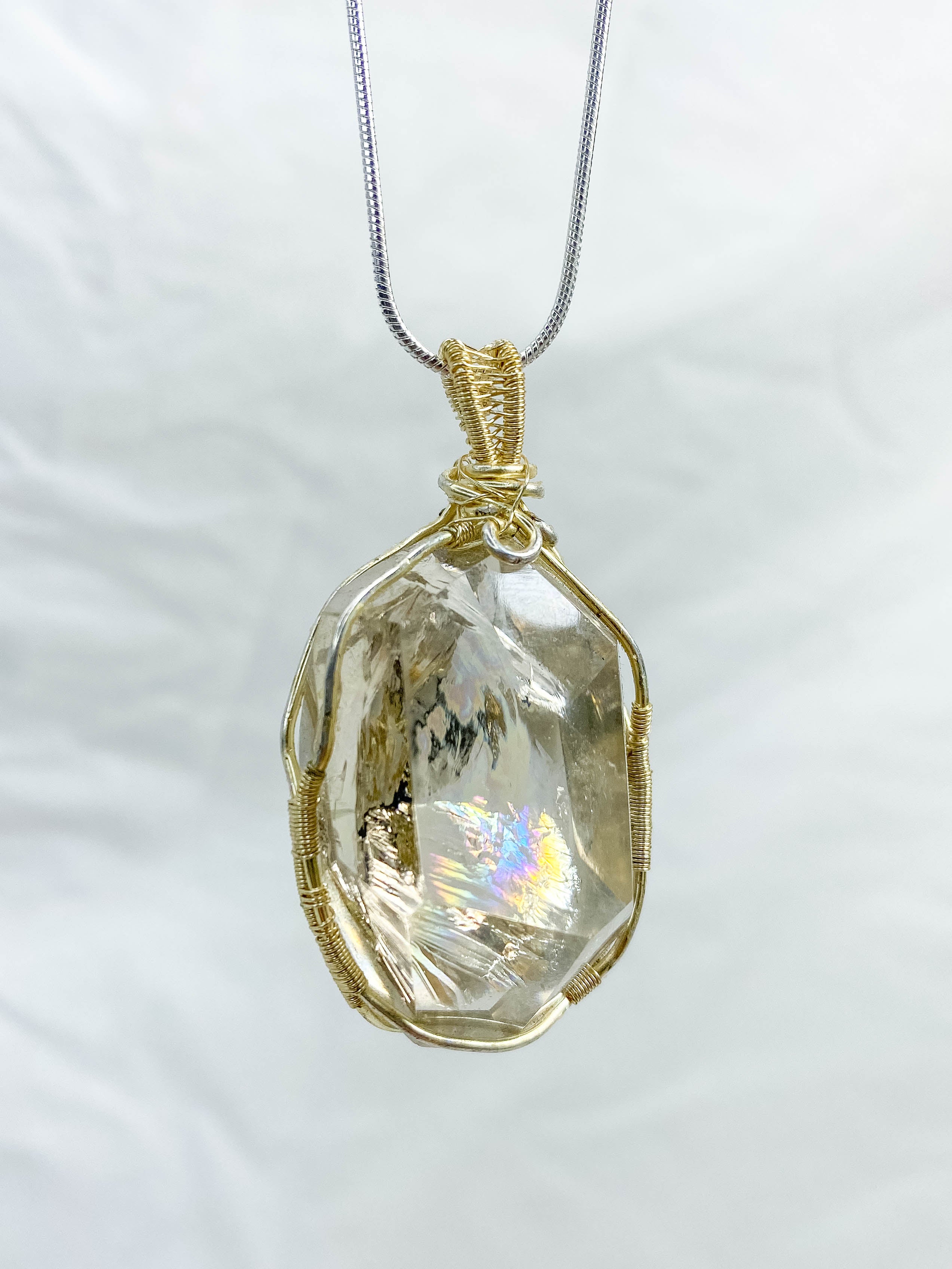 Enchanted Smoky Quartz Gold Wrapped Rainbow Pendant