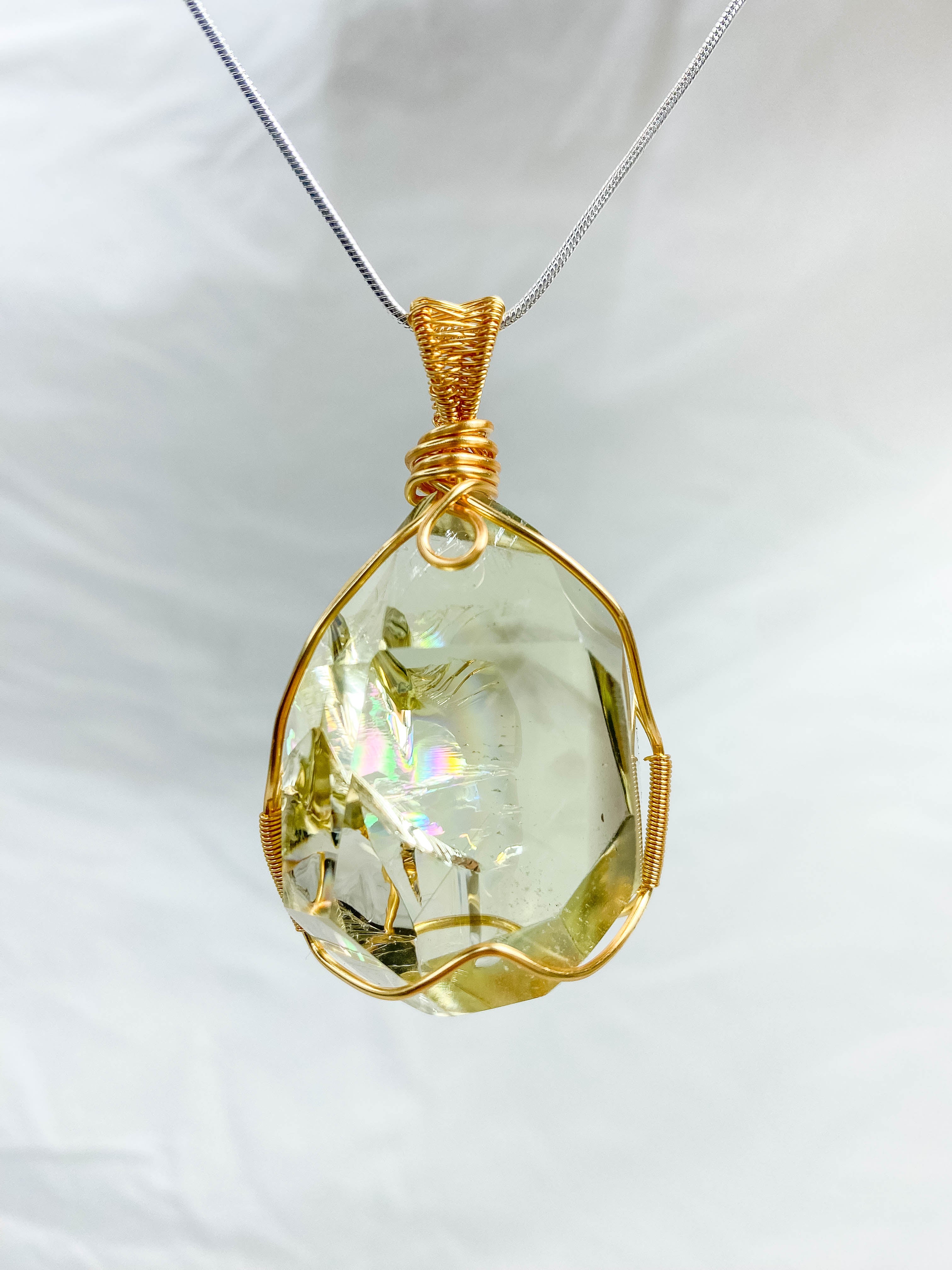 Enchanted Citrine Phantom Gold Wrapped Rainbow Pendant