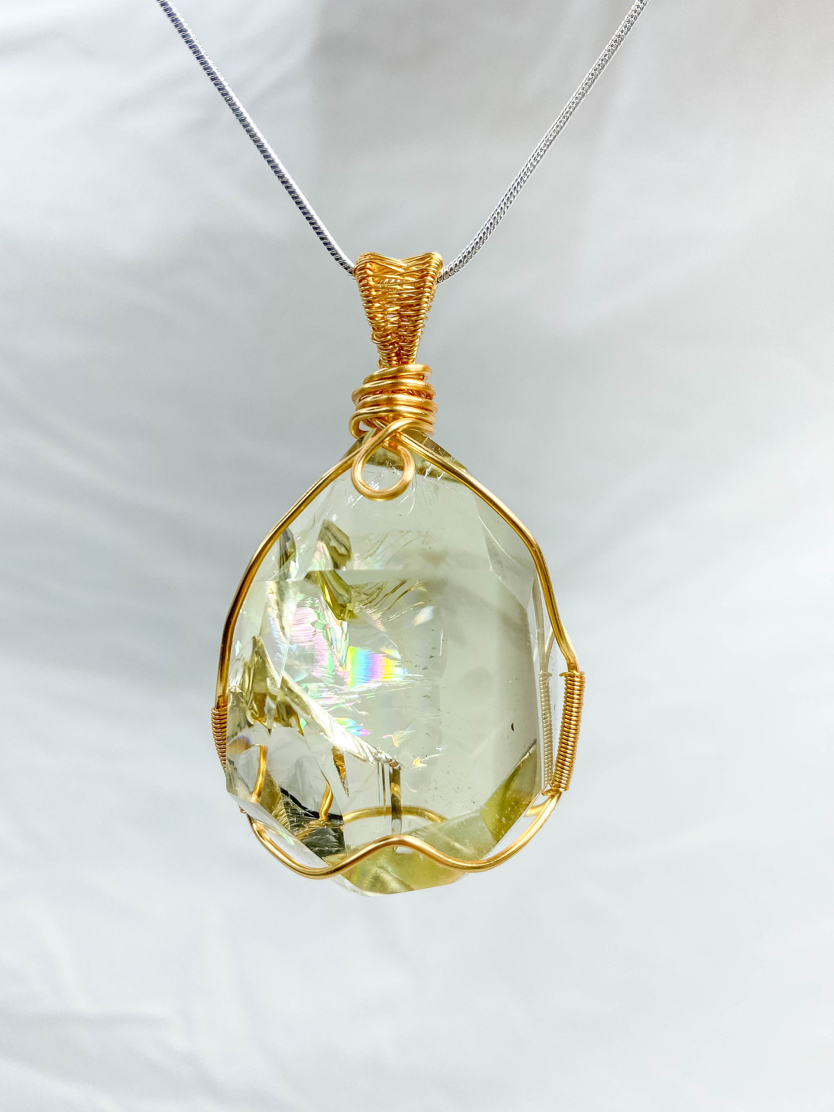 Enchanted Citrine Phantom Gold Wrapped Rainbow Pendant