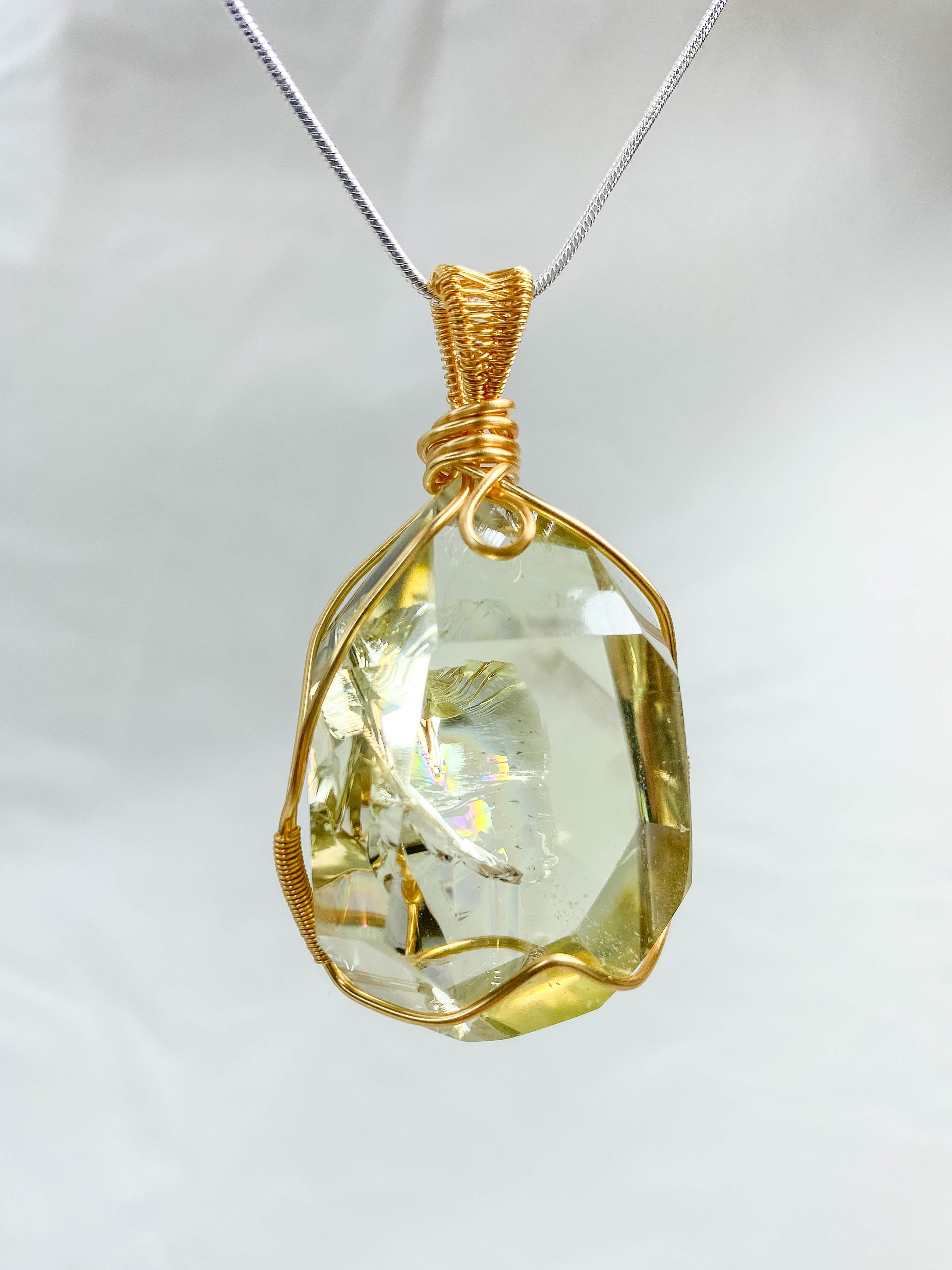 Enchanted Citrine Phantom Gold Wrapped Rainbow Pendant