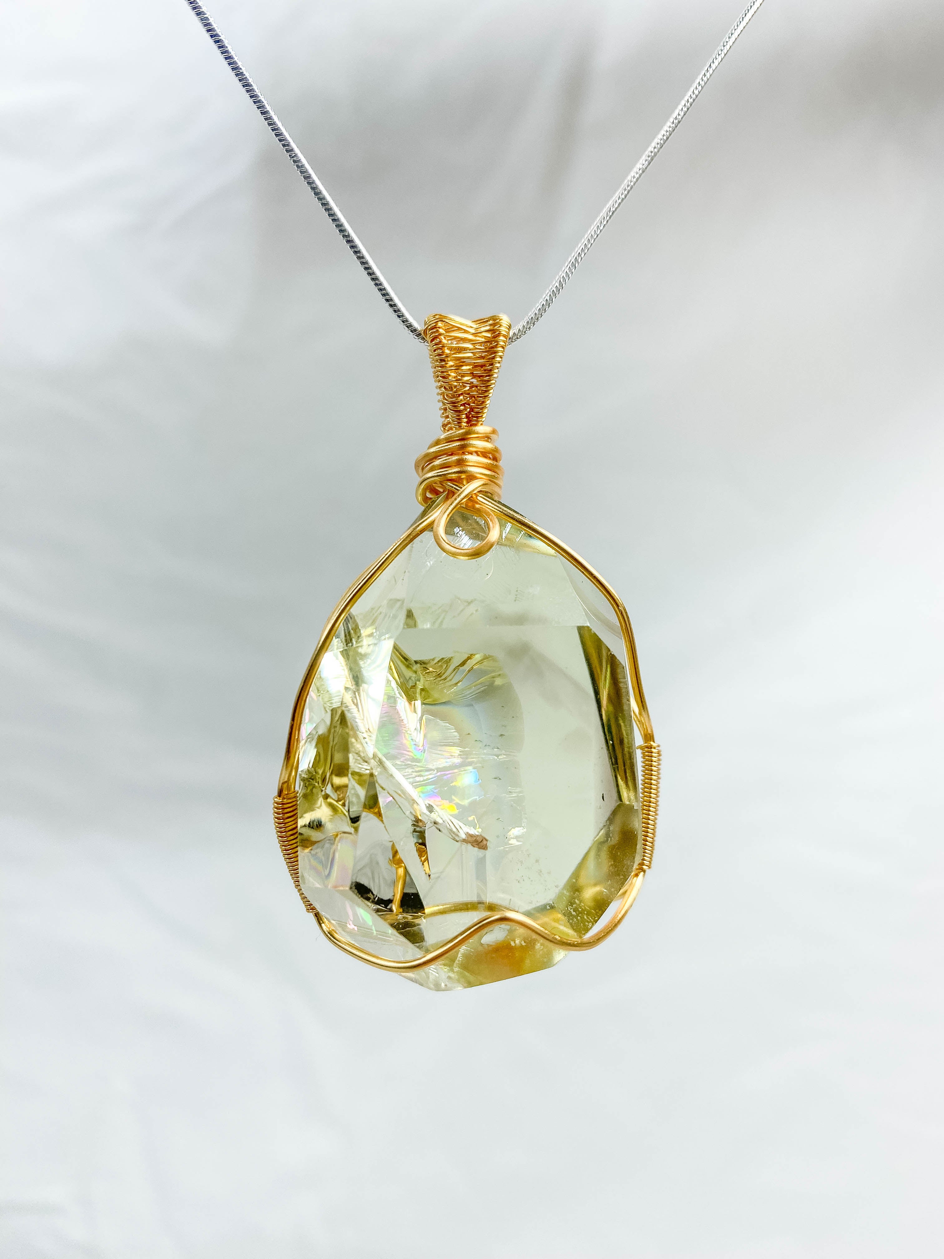 Enchanted Citrine Phantom Gold Wrapped Rainbow Pendant