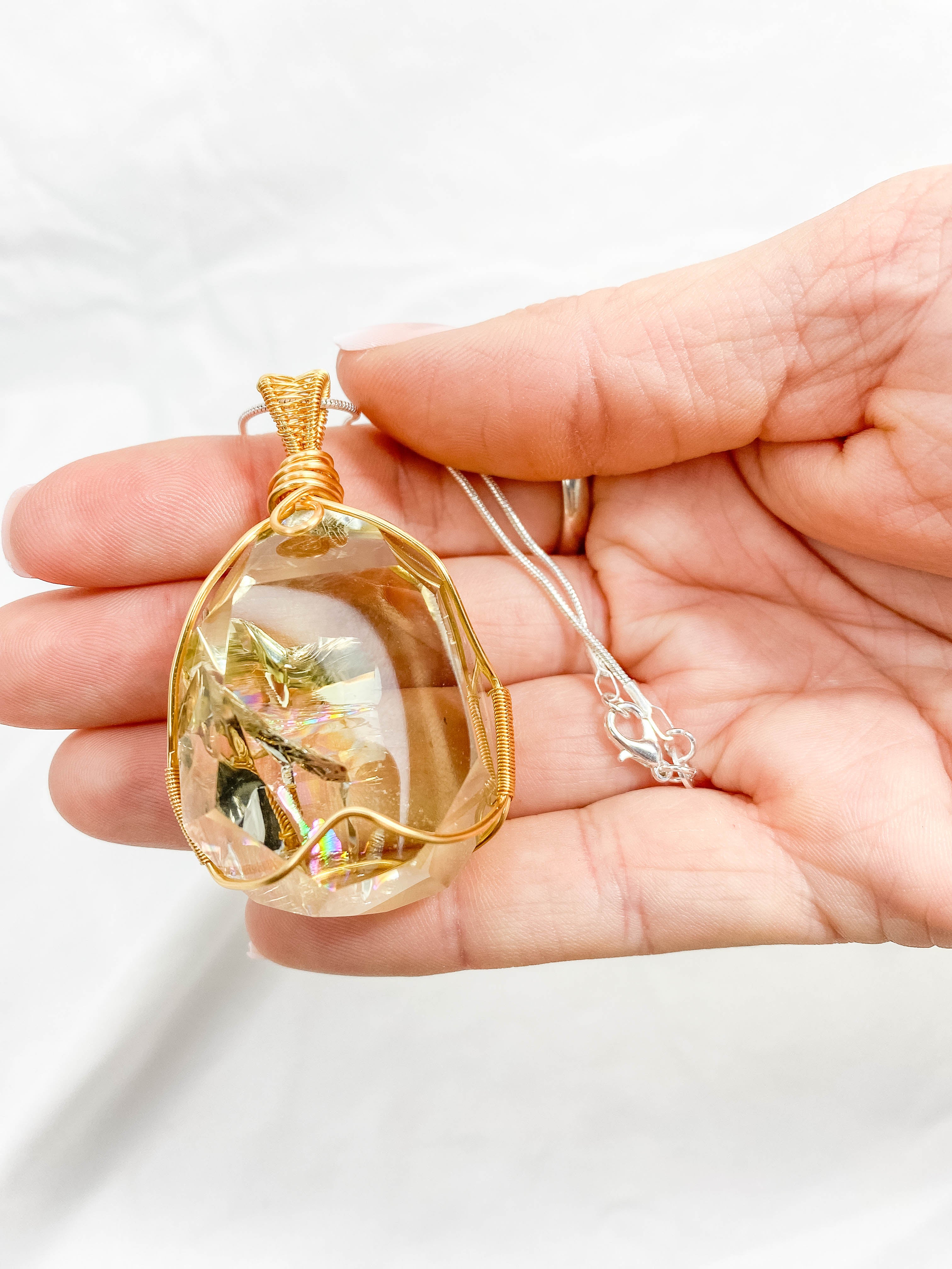 Enchanted Citrine Phantom Gold Wrapped Rainbow Pendant