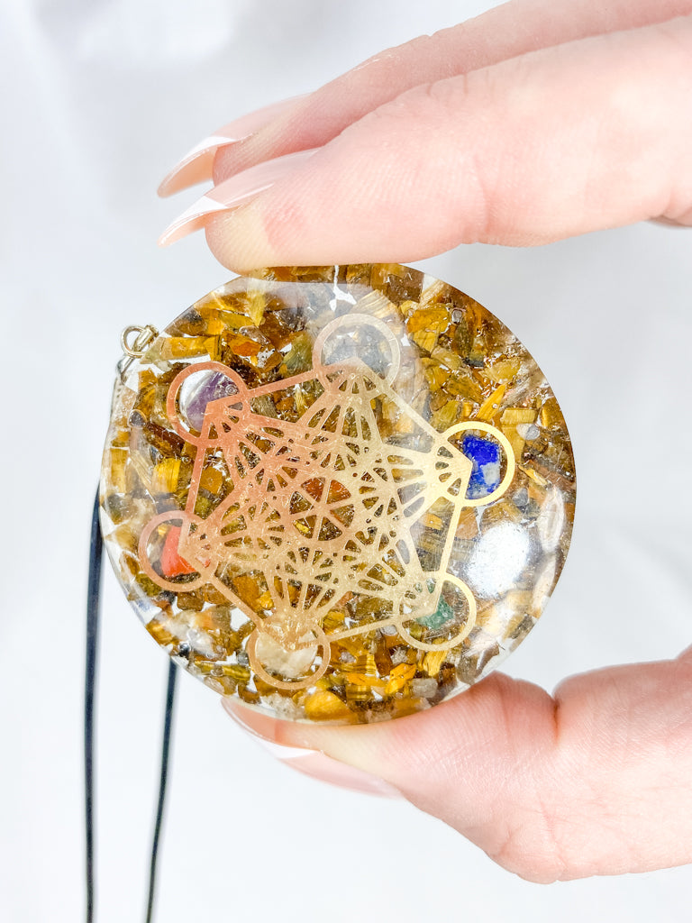 Tiger Eye Merkaba Orgonite Pendant Black Cord