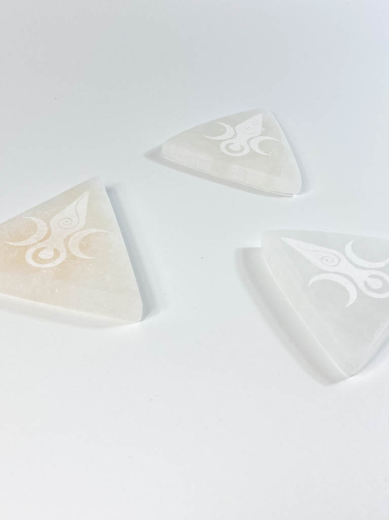 Selenite Triple Goddess Pyramid Plate | Medium