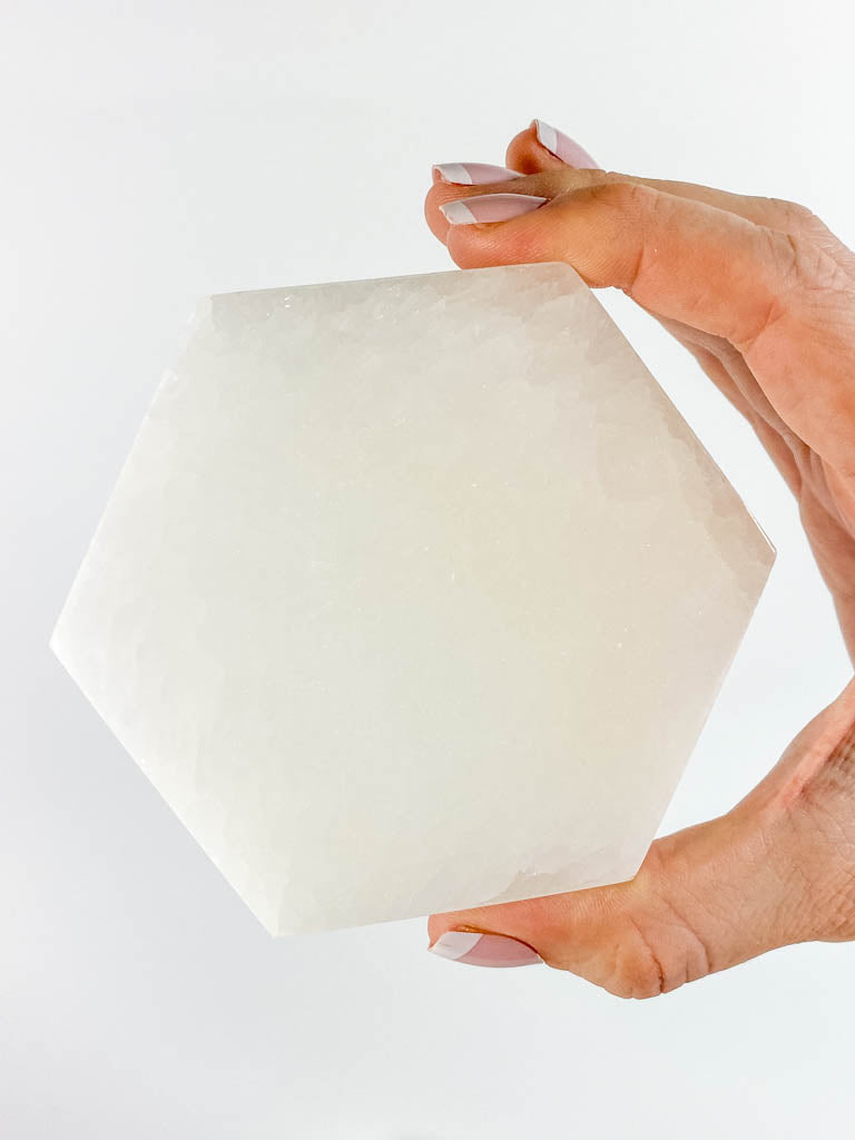 Selenite Manifestation Grid Hexagon Plate Moon Phase | Medium