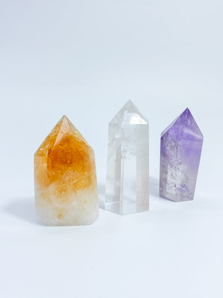 Divine Trio Polished Point: Citrine + Clear Quartz + Amethyst | Medium