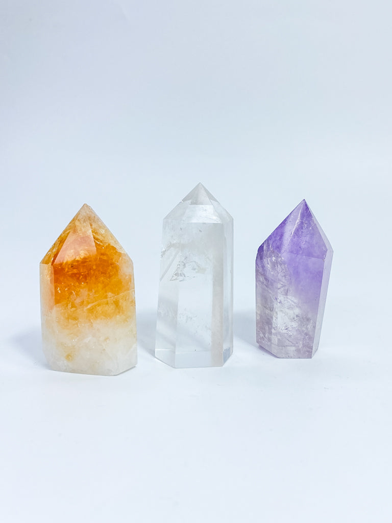 Divine Trio Polished Point: Citrine + Clear Quartz + Amethyst | Medium