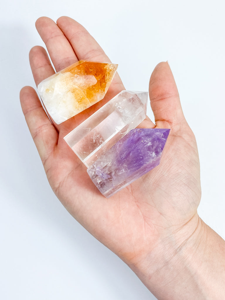 Divine Trio Polished Point: Citrine + Clear Quartz + Amethyst | Medium