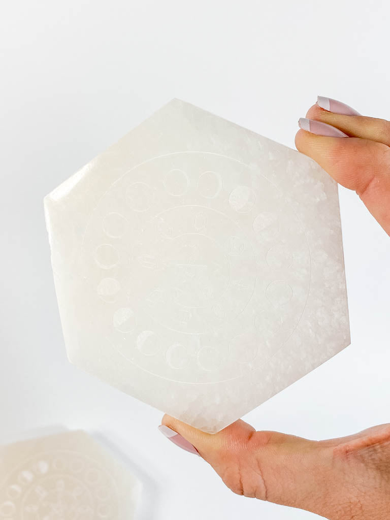 Selenite Manifestation Grid Hexagon Plate Moon Phase | Medium