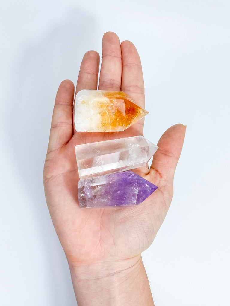 Divine Trio Polished Point: Citrine + Clear Quartz + Amethyst | Medium