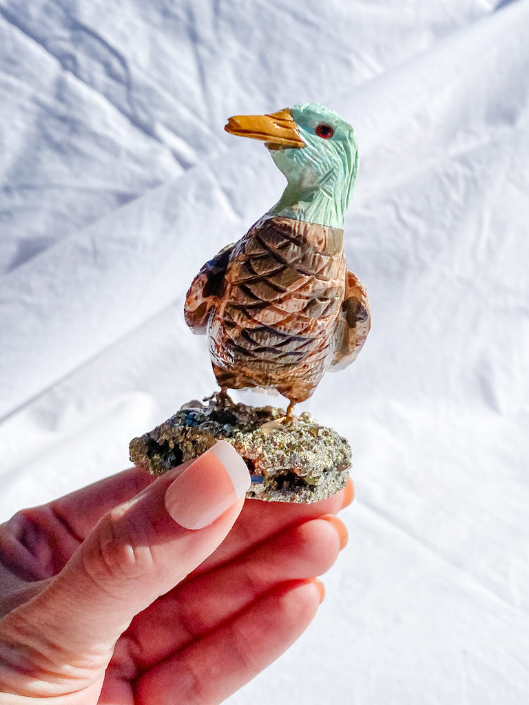 Peruvian Carved Crystal Duck on Pyrite Cluster 211g