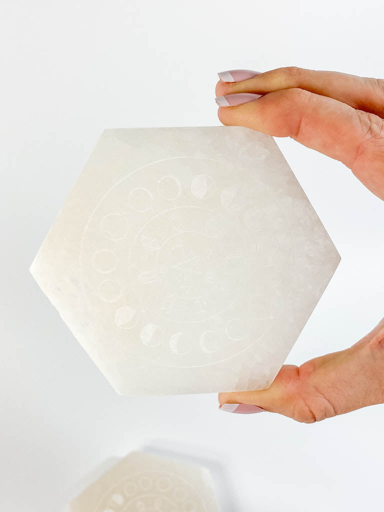 Selenite Manifestation Grid Hexagon Plate Moon Phase | Medium