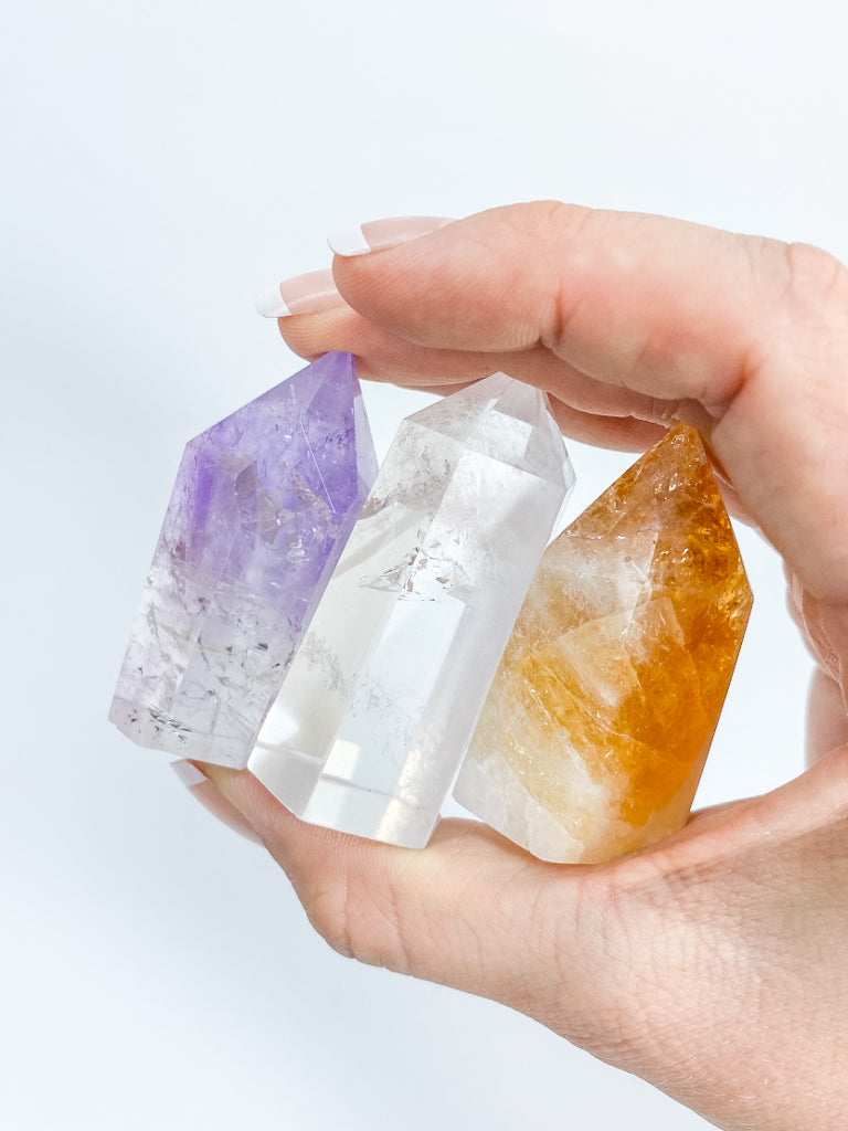 Divine Trio Polished Point: Citrine + Clear Quartz + Amethyst | Medium