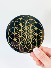 Flower of Life Sacred Geometry Grid Disc | Black Acrylic