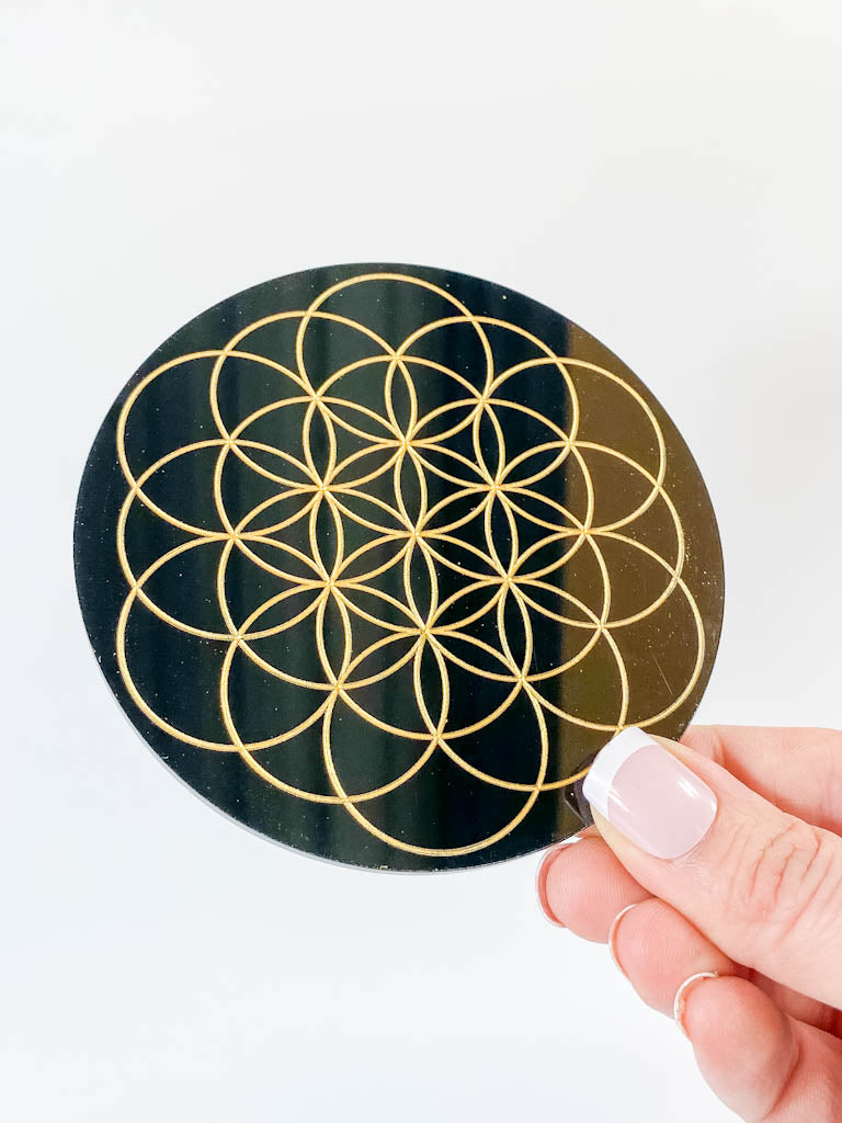 Flower of Life Sacred Geometry Grid Disc | Black Acrylic