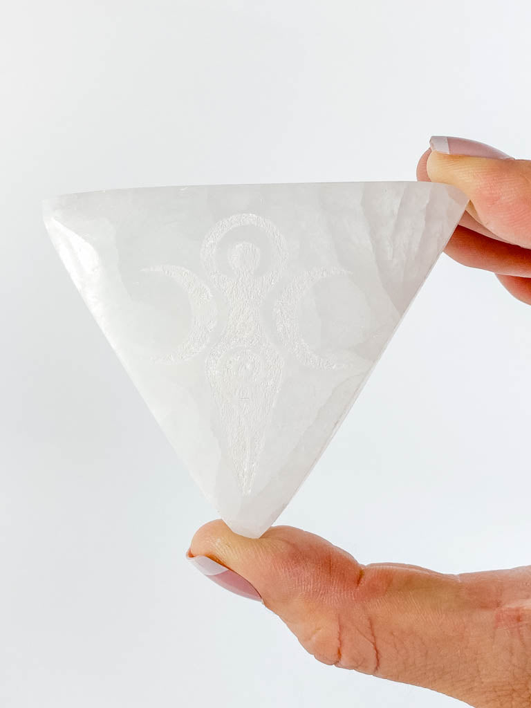 Selenite Triple Goddess Pyramid Plate | Medium