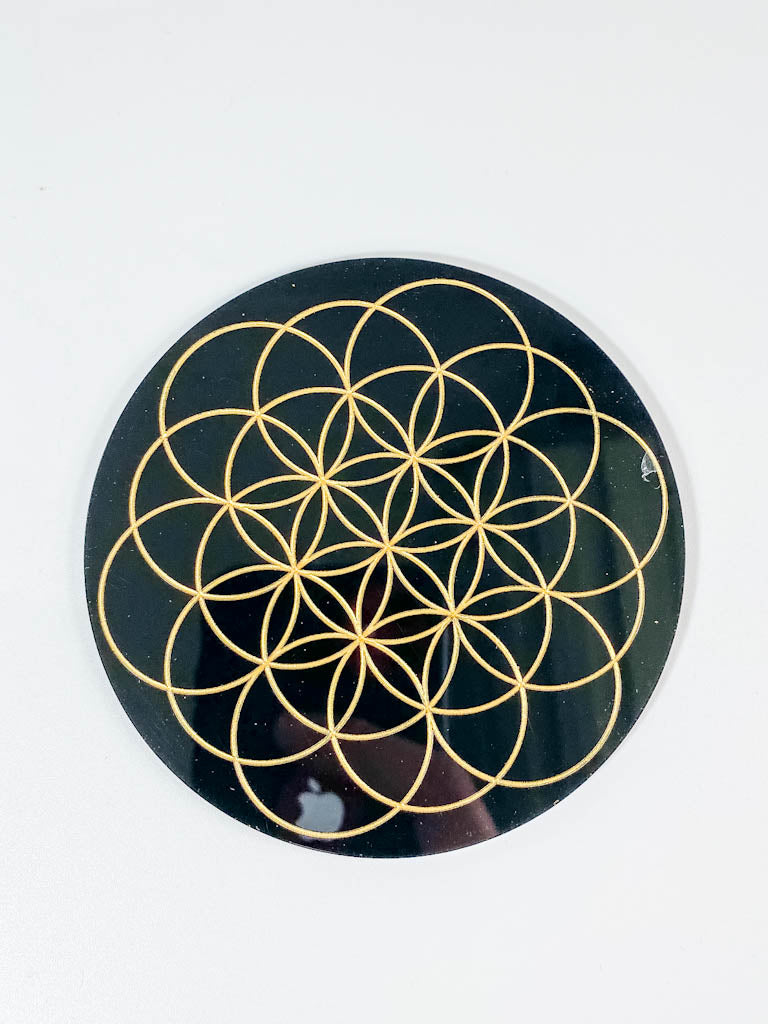 Flower of Life Sacred Geometry Grid Disc | Black Acrylic