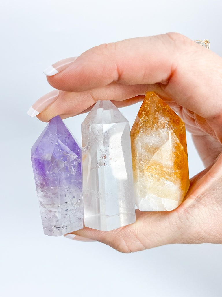 Divine Trio Polished Point: Citrine + Clear Quartz + Amethyst | Medium