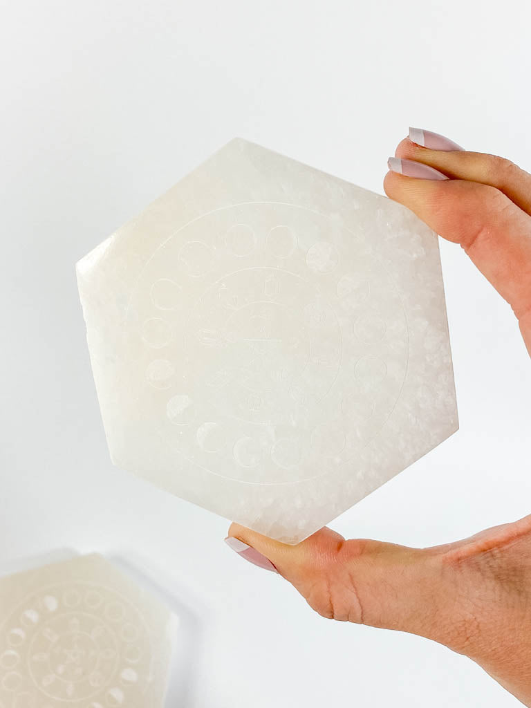 Selenite Manifestation Grid Hexagon Plate Moon Phase | Medium