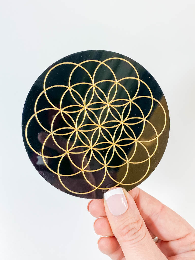 Flower of Life Sacred Geometry Grid Disc | Black Acrylic