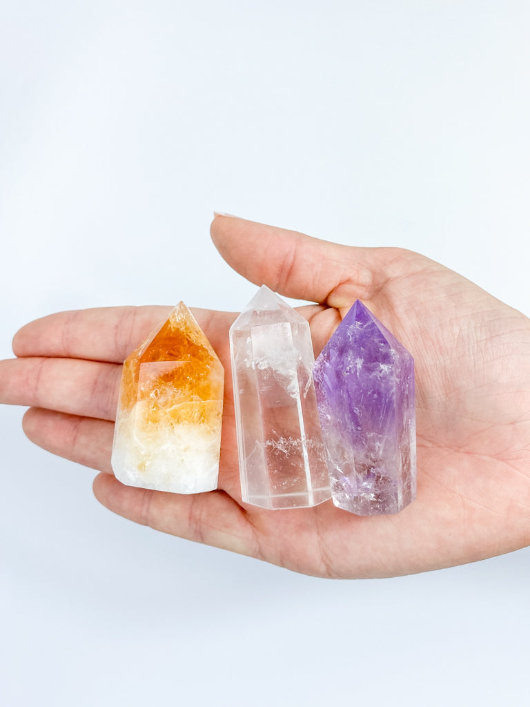 Divine Trio Polished Point: Citrine + Clear Quartz + Amethyst | Medium