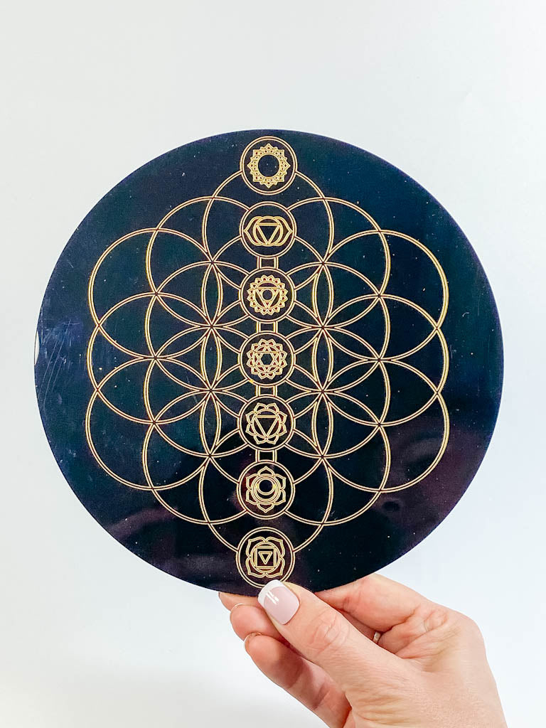 Chakra Balance with Seed of Life Mandala Disc | Black Acrylic