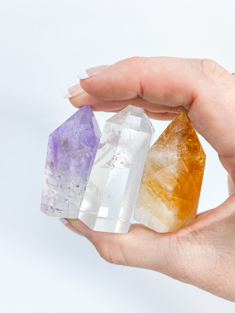 Divine Trio Polished Point: Citrine + Clear Quartz + Amethyst | Medium