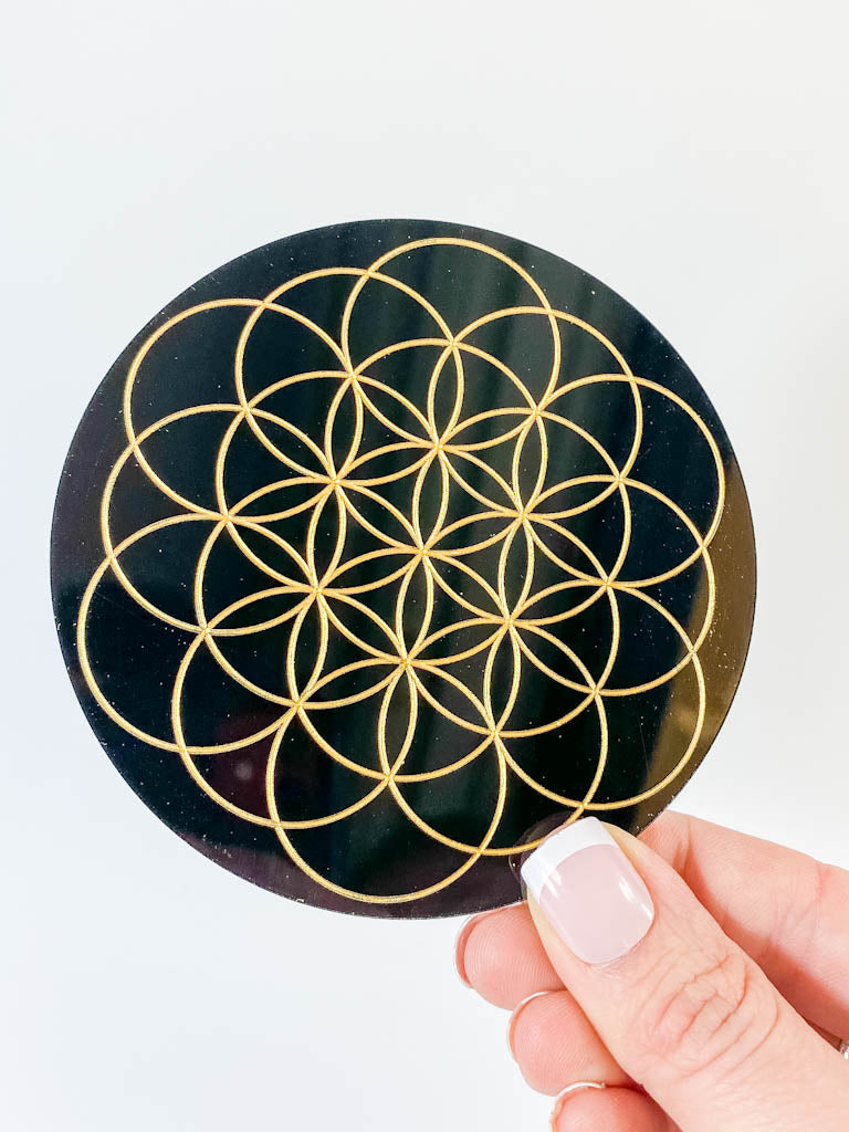 Flower of Life Sacred Geometry Grid Disc | Black Acrylic