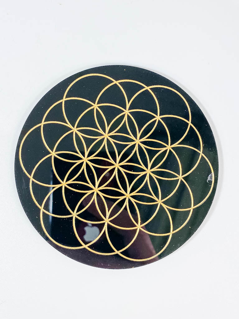 Flower of Life Sacred Geometry Grid Disc | Black Acrylic