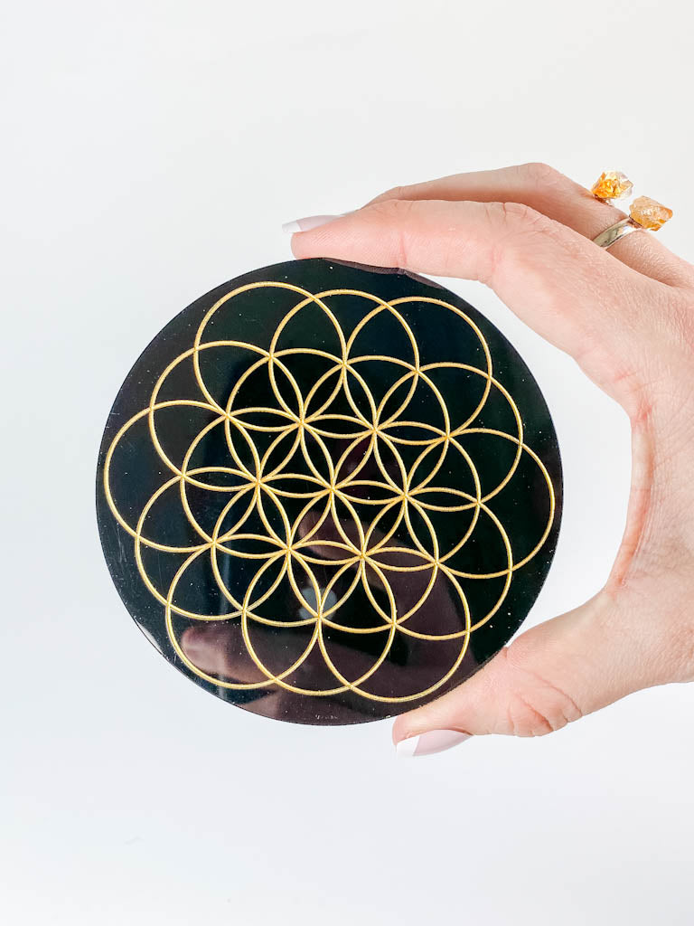 Flower of Life Sacred Geometry Grid Disc | Black Acrylic