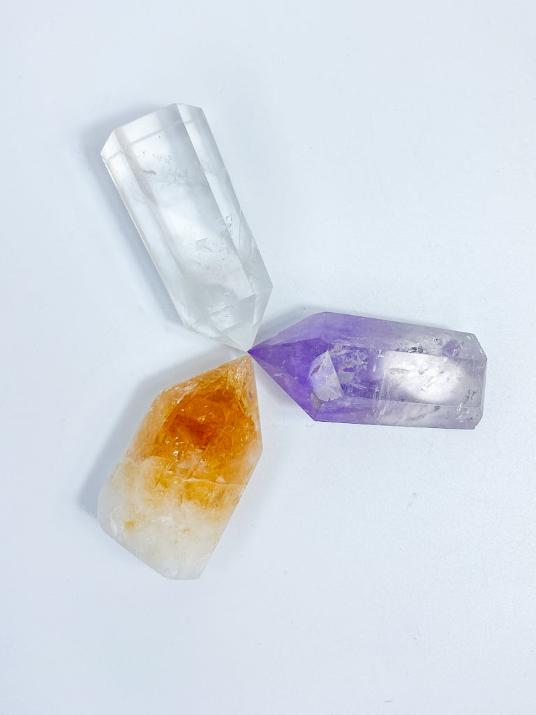 Divine Trio Polished Point: Citrine + Clear Quartz + Amethyst | Medium