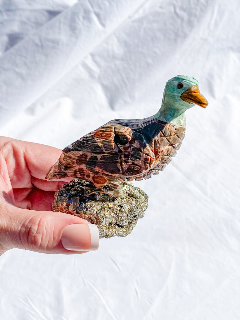 Peruvian Carved Crystal Duck on Pyrite Cluster 211g