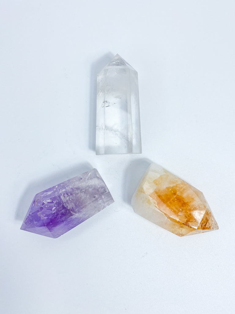 Divine Trio Polished Point: Citrine + Clear Quartz + Amethyst | Medium