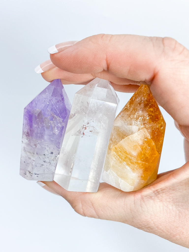 Divine Trio Polished Point: Citrine + Clear Quartz + Amethyst | Medium