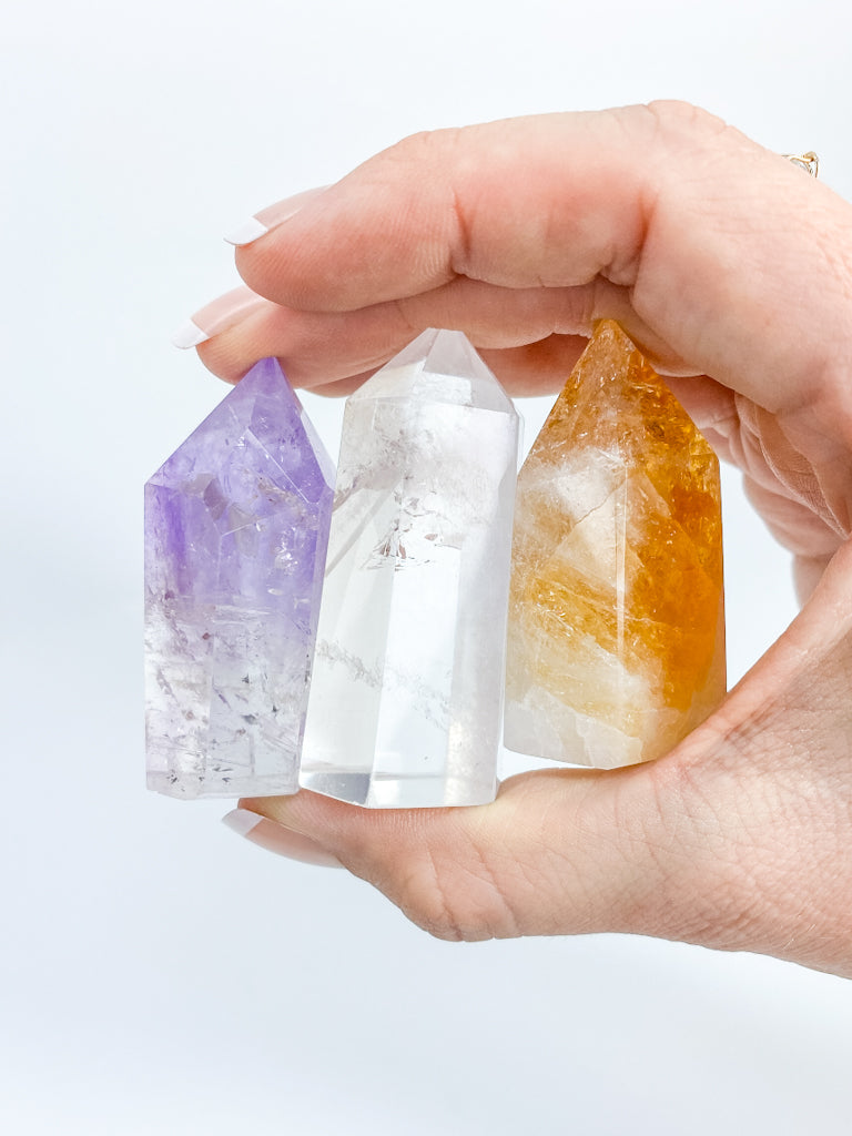 Divine Trio Polished Point: Citrine + Clear Quartz + Amethyst | Medium