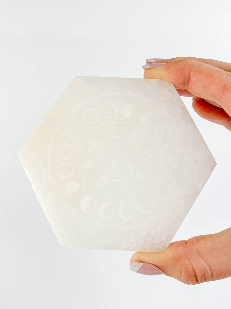 Selenite Manifestation Grid Hexagon Plate Moon Phase | Medium